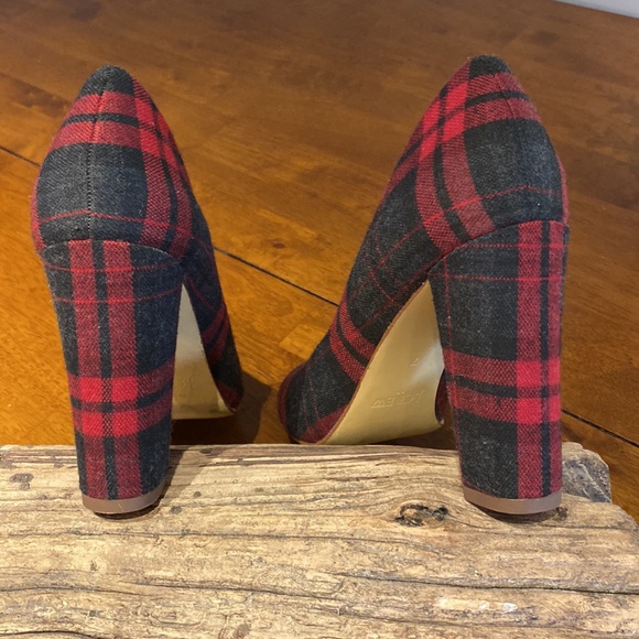 J. Crew Tartan Red and Gray Plaid Block Heel Shoes - Picture 4 of 5
